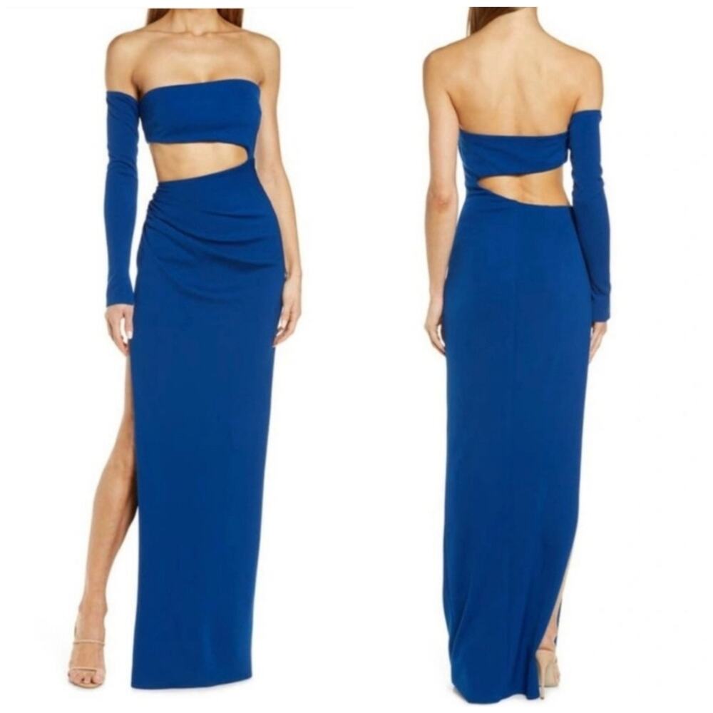NWT Katie May Ocean Blue Cut Out Strapless One Sleeve Side Slit Maxi Dress Gown - Picture 9 of 9